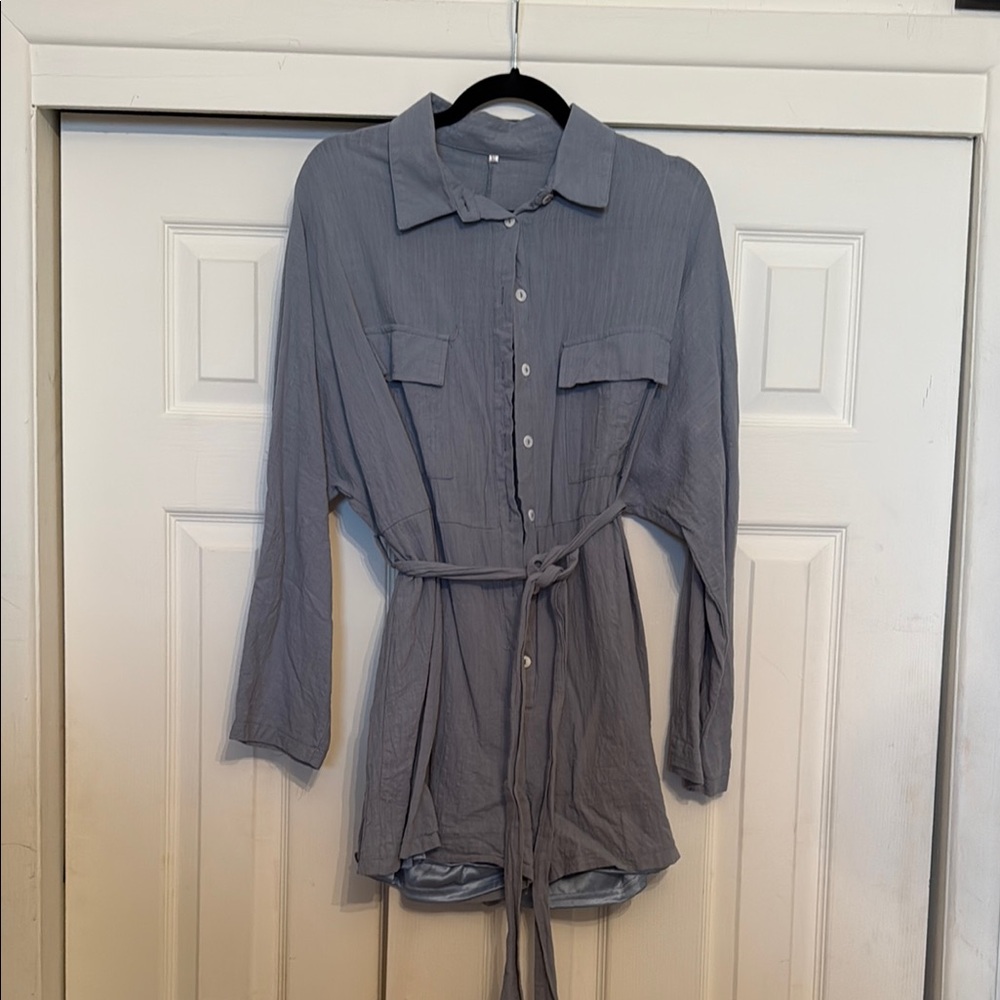 Chic Gray Long Sleeve Romper with Belt